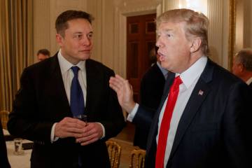 President Donald Trump, right, talks with Tesla and SpaceX CEO Elon Musk at the White House in ...