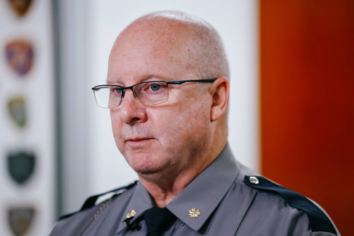 Major Kevin Honea, Deputy Chief of the Nevada Highway Patrol, speaks with journalists during a ...