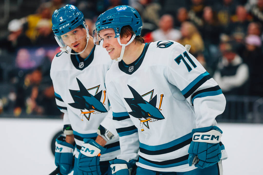San Jose Sharks center Macklin Celebrini (71) celebrates a team goal during an NHL hockey game ...