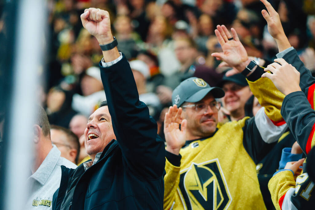 A Golden Knights celebrates a goal during an NHL hockey game between the Golden Knights and San ...