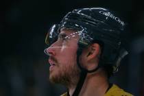 Golden Knights right wing Reilly Smith (19) skates onto the ice for the second period of the ga ...