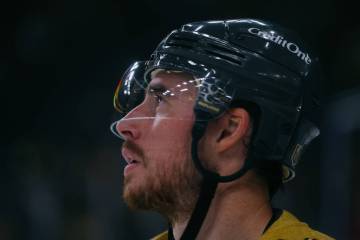 Golden Knights right wing Reilly Smith (19) skates onto the ice for the second period of the ga ...