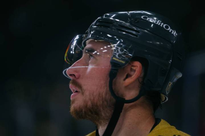 Golden Knights right wing Reilly Smith (19) skates onto the ice for the second period of the ga ...