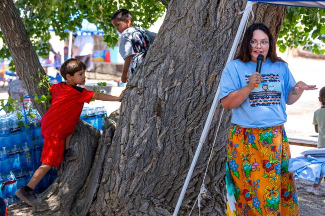 Tribal Chairwoman Dackota York gives opening remarks during the 136th birthday celebration on t ...