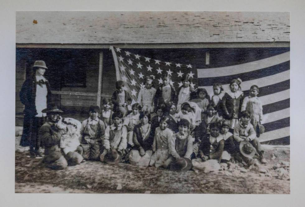 In a historic photo, Paiute-Shoshone children are seen at a Euro-American school, courtesy of t ...