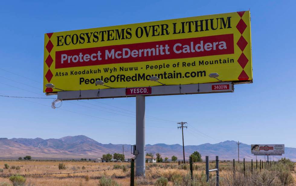 A "Protect McDermitt Caldera" sign stands along U.S. Highway 95 North adjacent to the Fort McDe ...