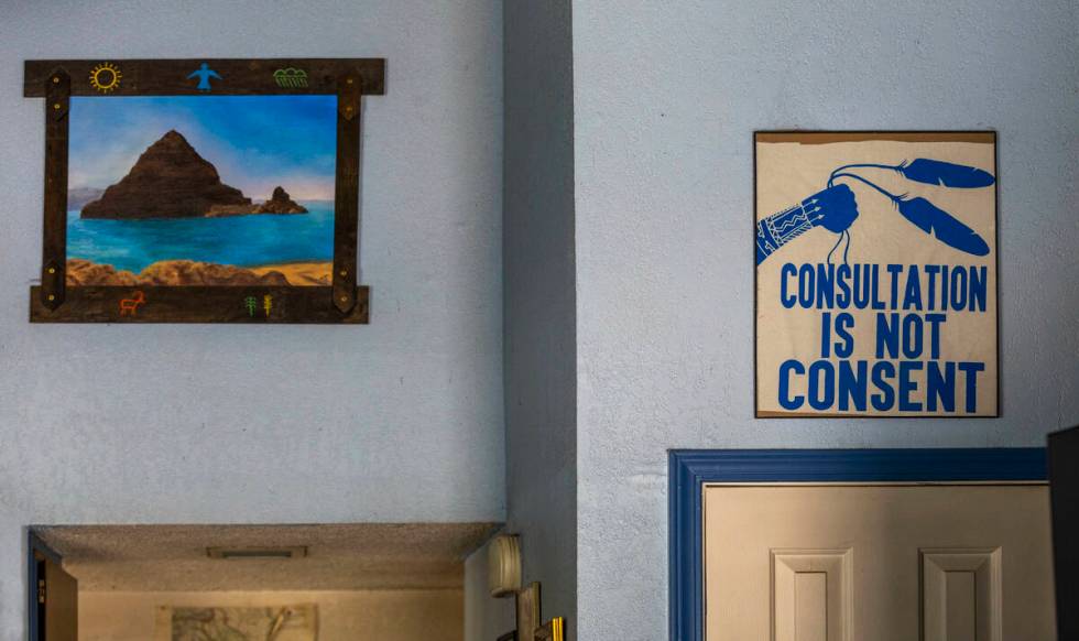 Art on the wall of tribal elder Dean Barlese's home on July 10, 2025, on the Pyramid Lake Paiut ...