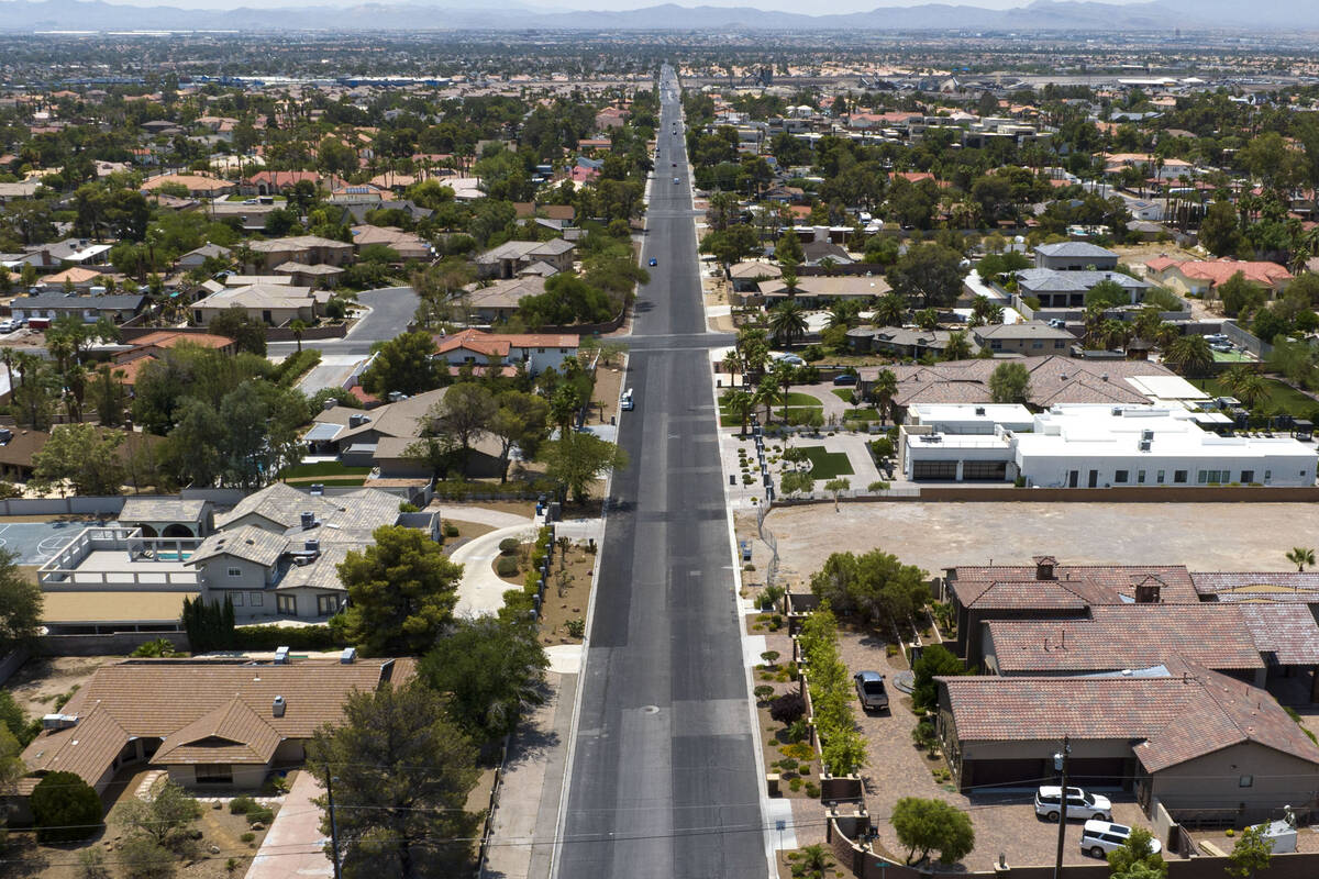 An aerial photo shows homes near Tenaya Way and Rainbow Boulevard on Monday, July 14, 2025, in ...