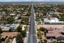 An aerial photo shows homes near Tenaya Way and Rainbow Boulevard on Monday, July 14, 2025, in ...