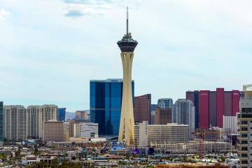 The north end of the Las Vegas Strip is seen on Wednesday, April 16, 2025. (L.E. Baskow/Las Veg ...