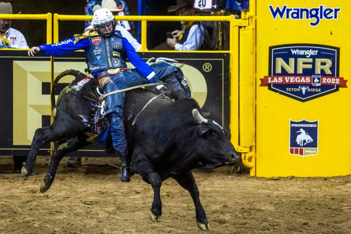 Stetson Wright of Milford, UT., completes another winning ride during Bull Riding in the Nation ...