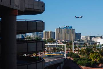 A plane takes off at Harry Reid International Airport Sunday, Nov. 9, 2025, in Las Vegas. (Made ...
