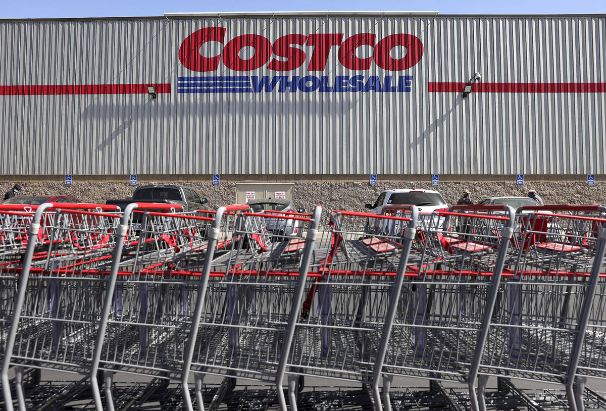 Shopping carts are lined up in front of a Costco store on Feb. 25, 2021, in Inglewood, Californ ...