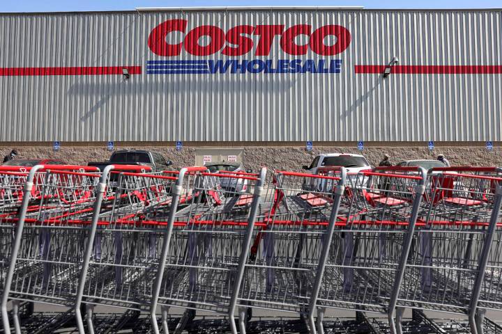 Shopping carts are lined up in front of a Costco store on Feb. 25, 2021, in Inglewood, Californ ...