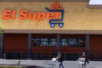 Shoppers exit El Super supermarket, on Tuesday, June 6, 2023, in North Las Vegas. (Bizuayehu Te ...