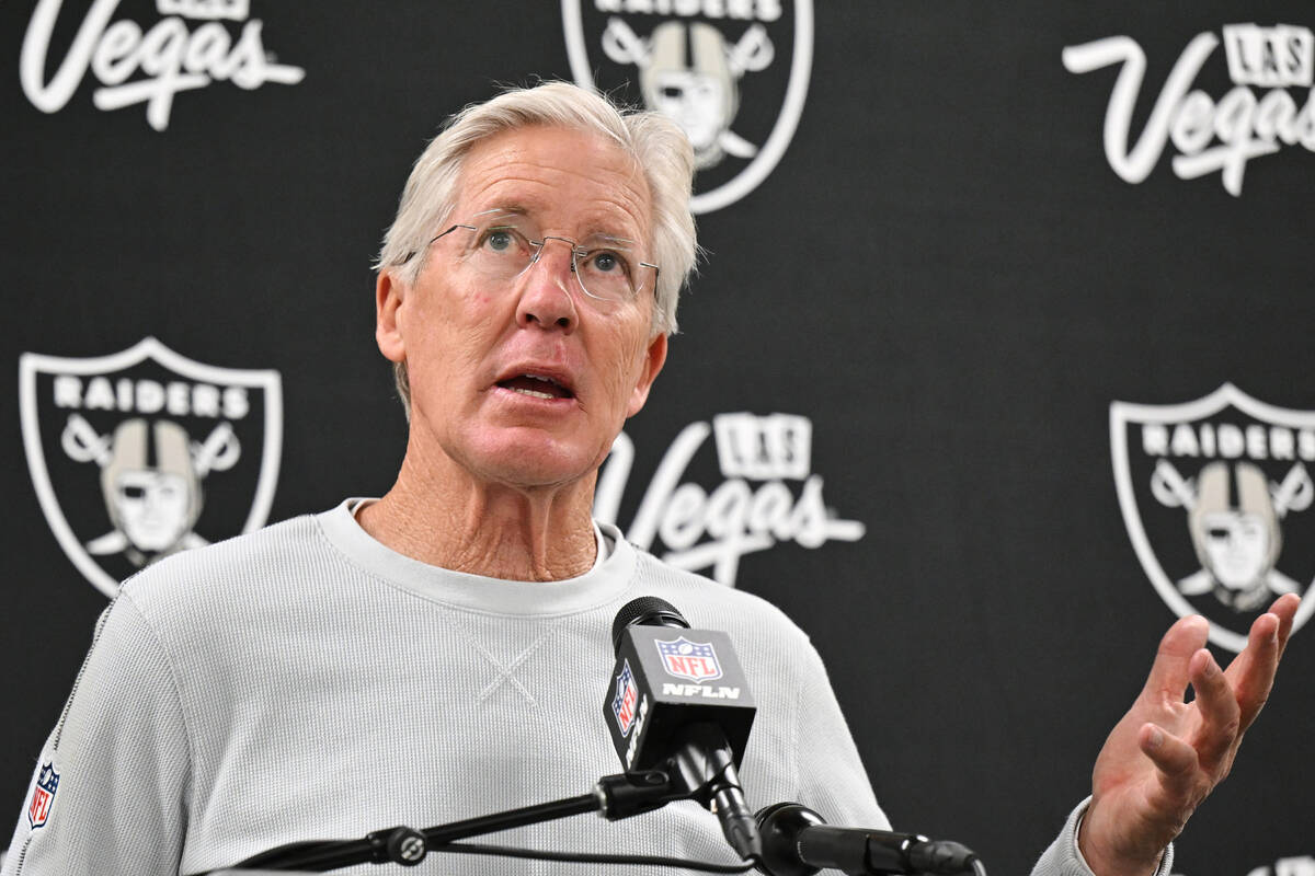 Las Vegas Raiders head coach Pete Carroll speaks to reporters during a press conference after a ...