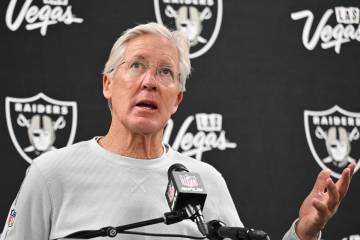 Las Vegas Raiders head coach Pete Carroll speaks to reporters during a press conference after a ...