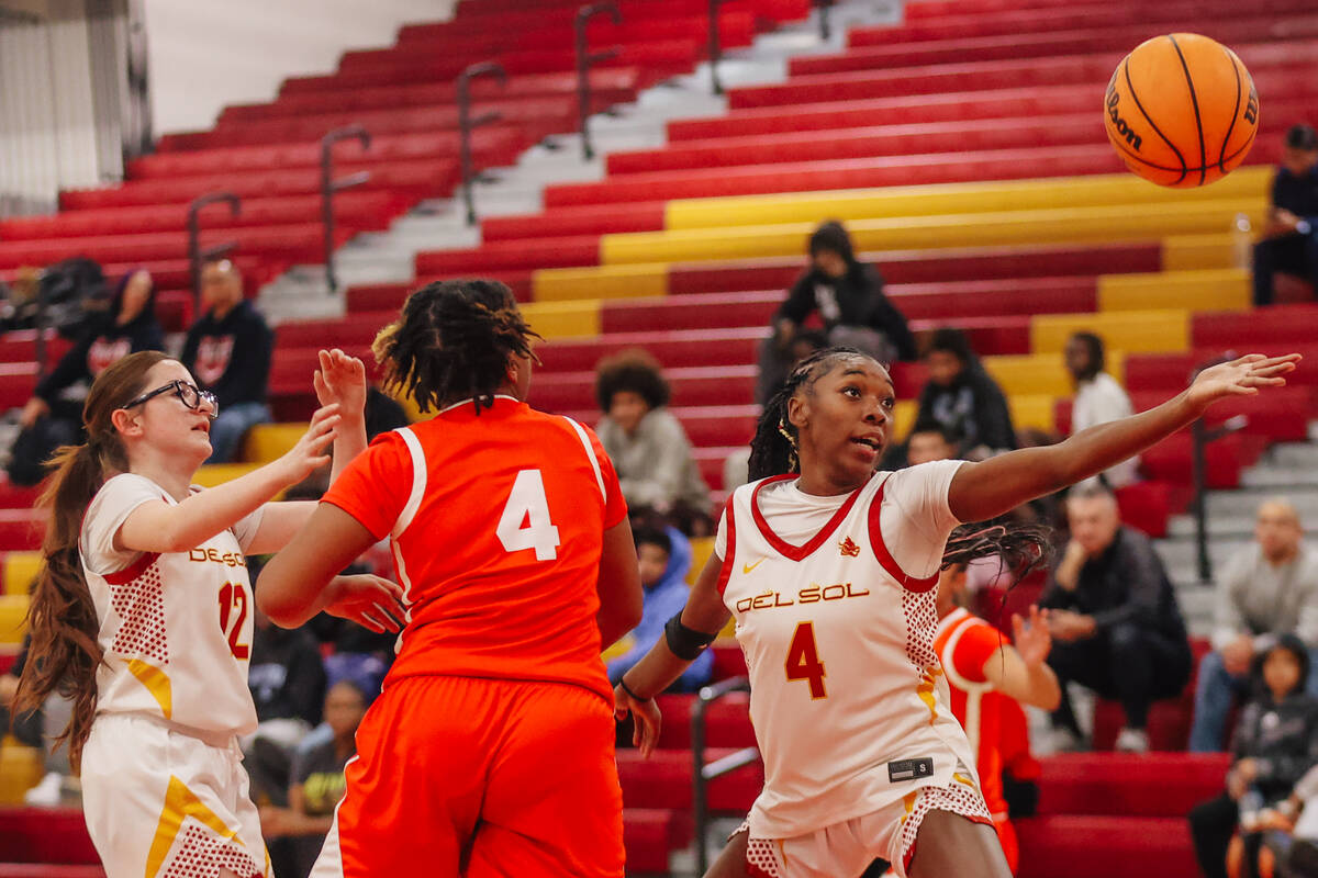 Del Sol guard Ge Ge Pickens (4) reaches for an open ball during a high school basketball game b ...