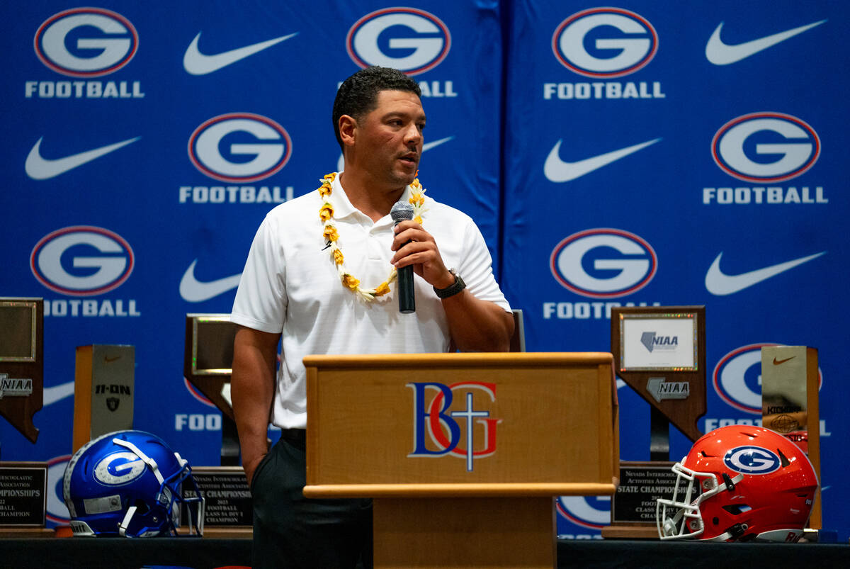 Head football coach Brent Browner speaks about his players on signing day at Bishop Gorman&#x20 ...