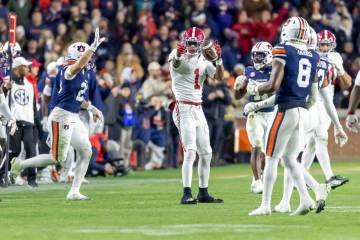 Alabama wide receiver Isaiah Horton (1) celebrates a first down against Auburn during the secon ...