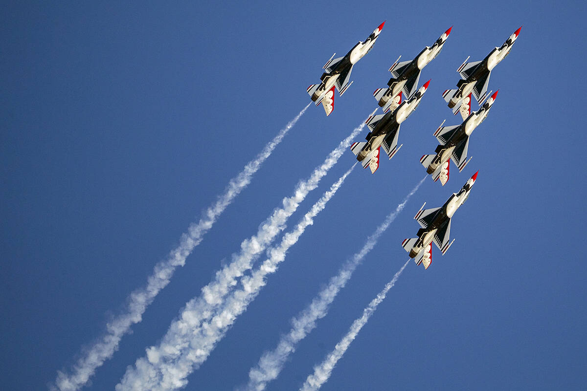 The U.S. Air Force Thunderbirds during their performance during the Aviation Nation at Nellis A ...
