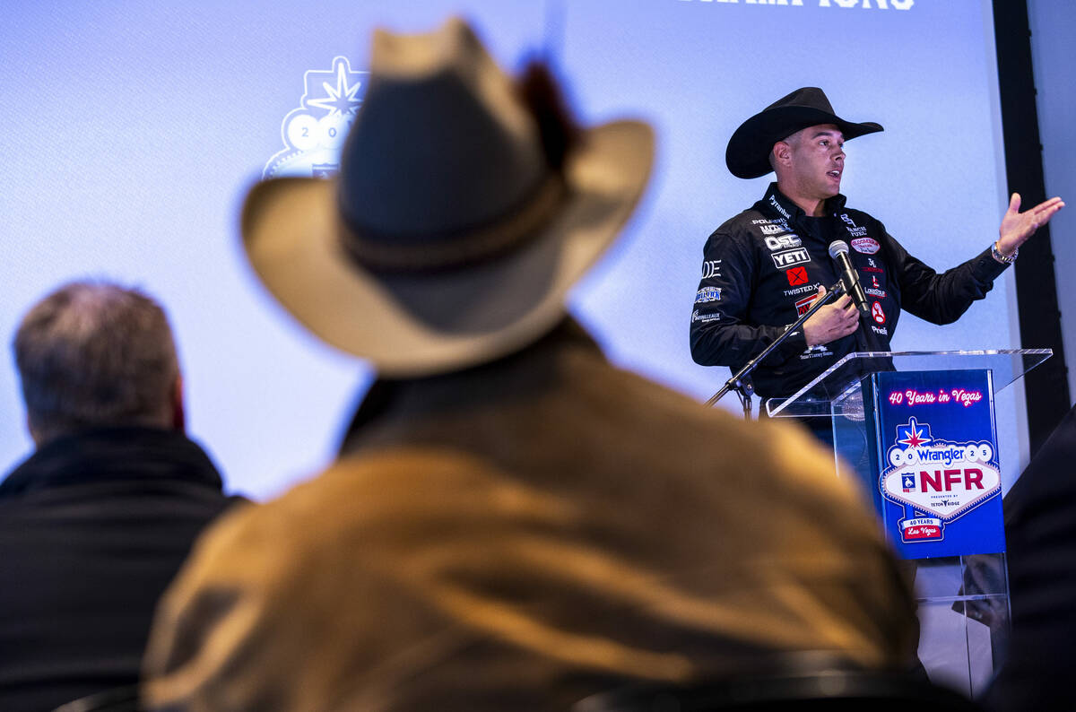 Shad Mayfield, 2024 All Around World Champion, speaks during "2025: 40 Years in Vegas: A G ...