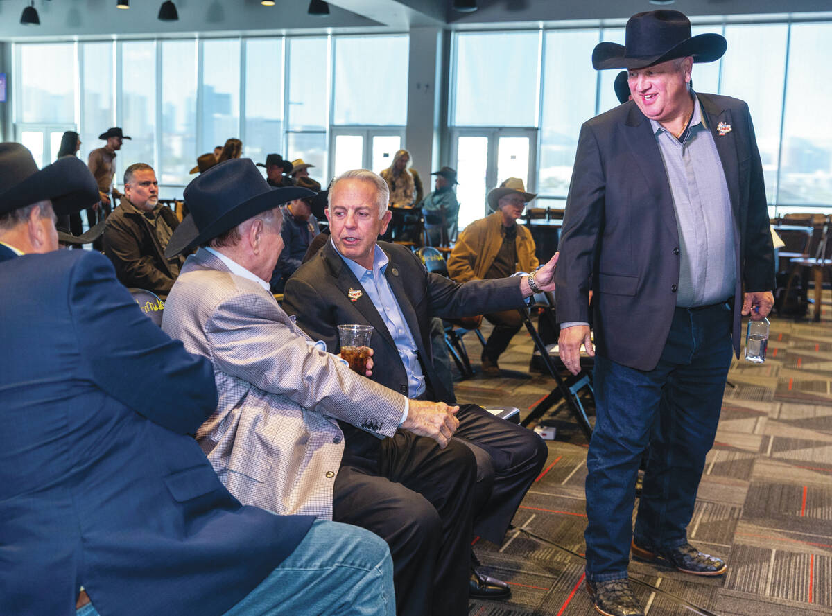 Michael Gaughan chats with Governor Joe Lombardo as Derek Stevens joins the conversation during ...