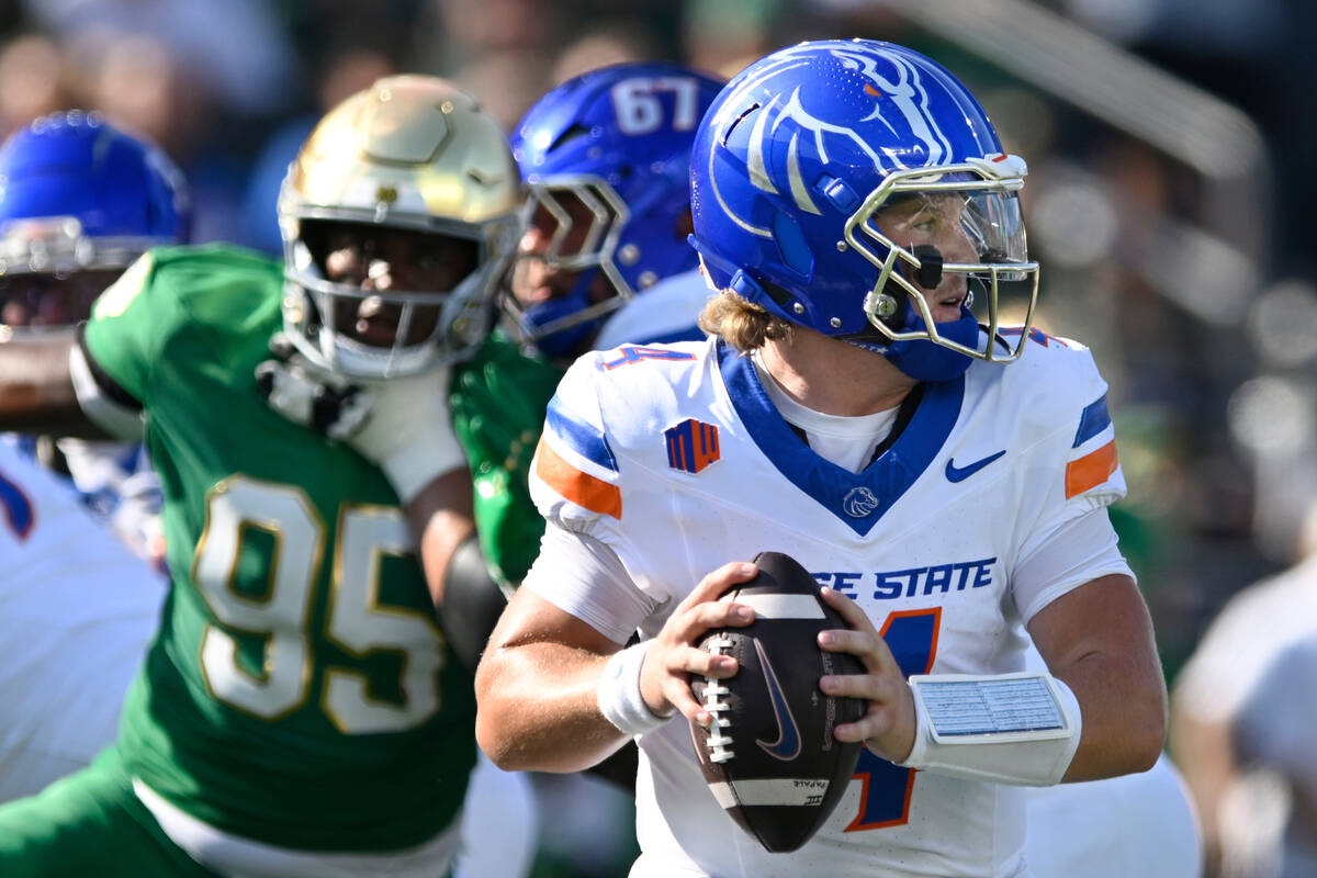 FILE - Boise State quarterback Maddux Madsen (4) looks to throw before being sacked during the ...