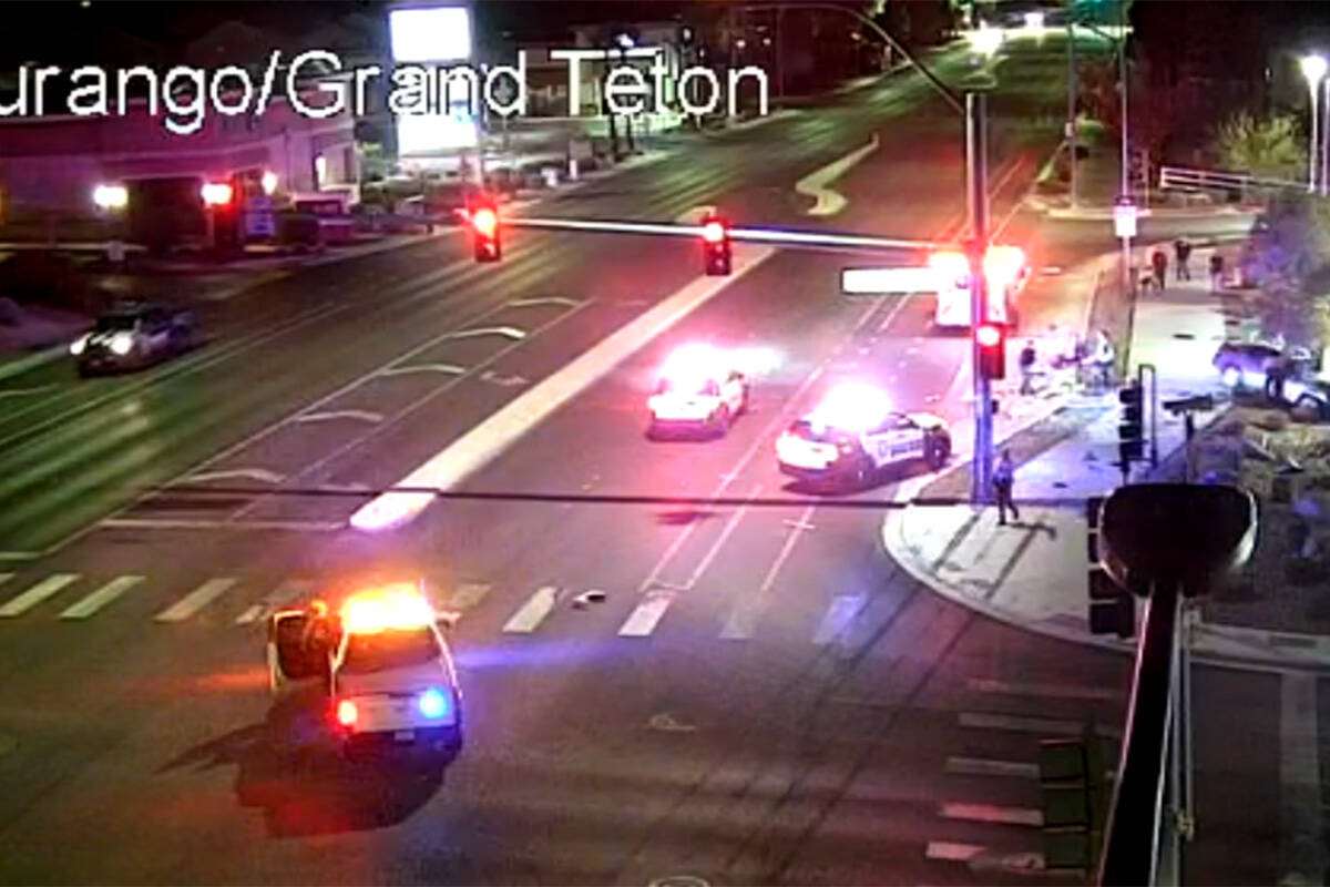 Police investigate a crash Thursday, Dec. 4, 2025, at Durango and Grand Teton in Las Vegas. (RTC)