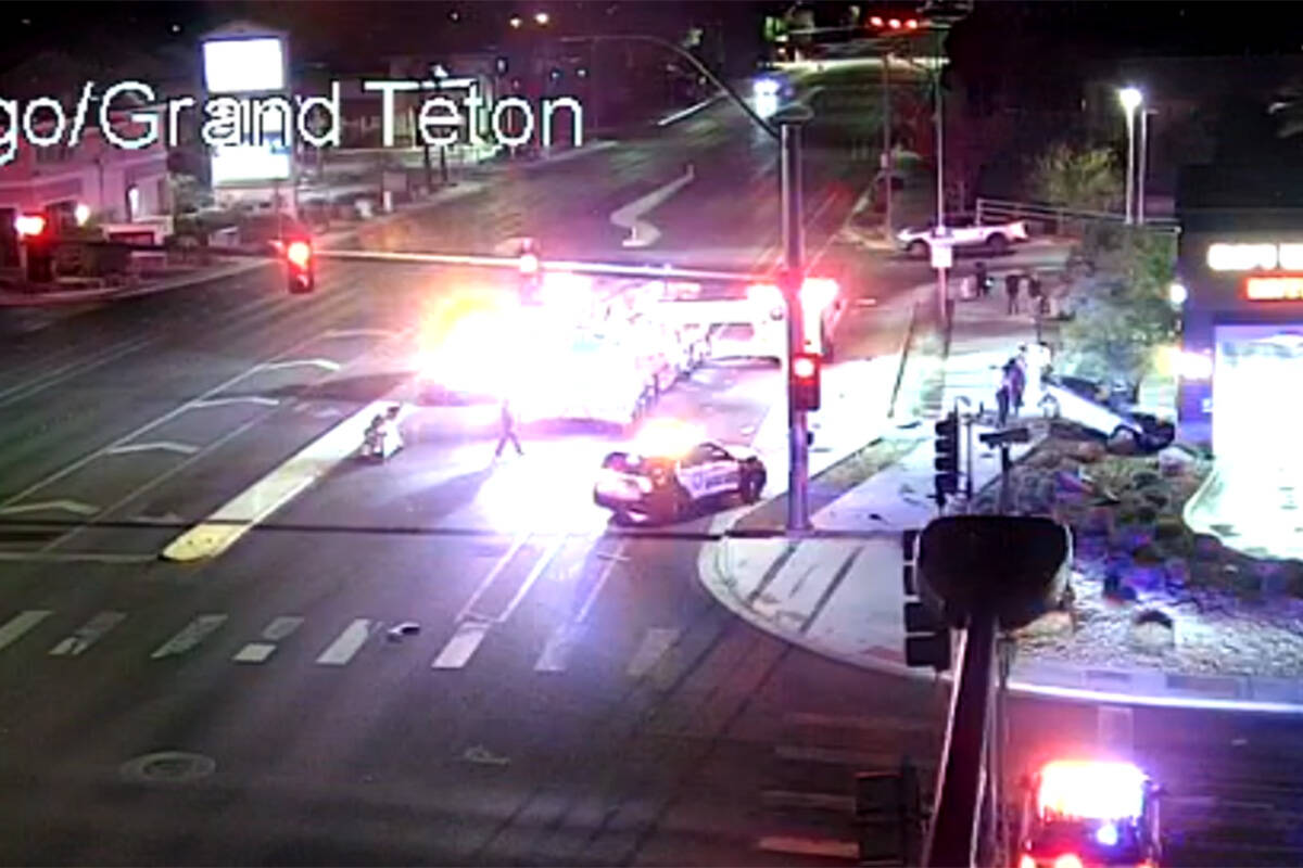 Police investigate a crash Thursday, Dec. 4, 2025, at Durango and Grand Teton in Las Vegas. (RTC)