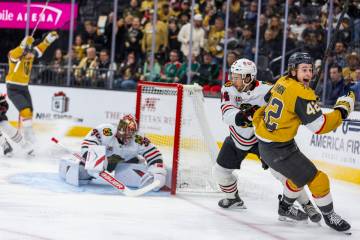 Golden Knights right wing Braeden Bowman (42) celebrates a goal shot past Chicago Blackhawks go ...