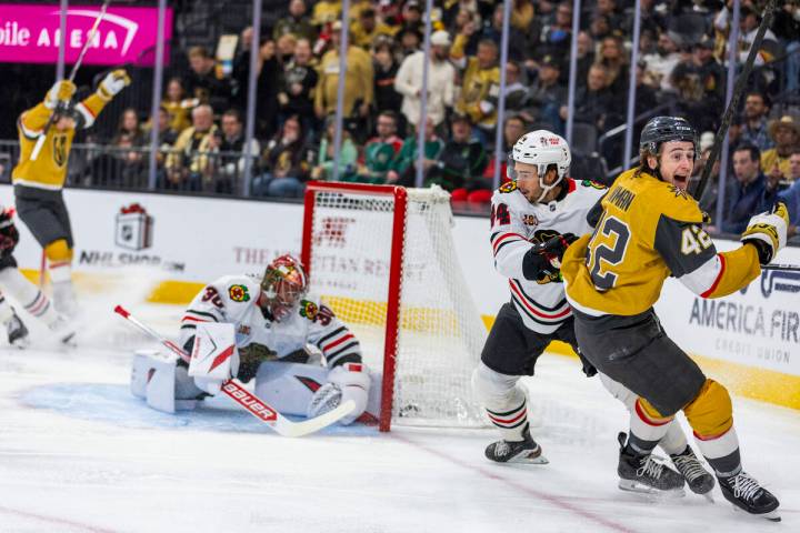 Golden Knights right wing Braeden Bowman (42) celebrates a goal shot past Chicago Blackhawks go ...