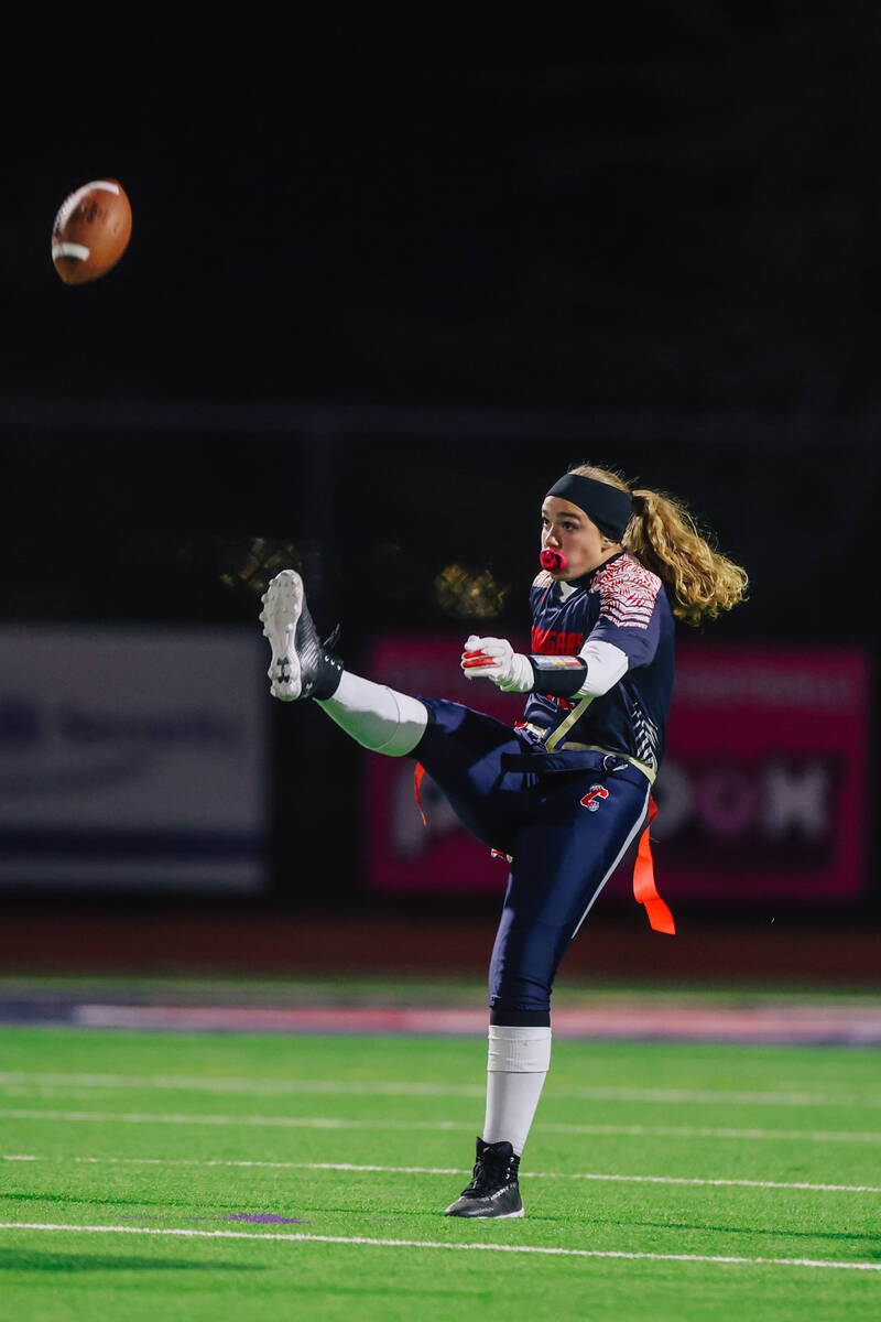 Coronado safety Mariana Tollstrup kicks the ball during a high school flag football game betwee ...