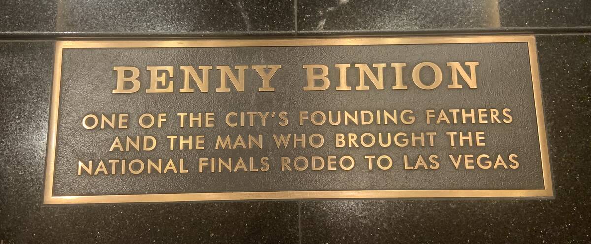 The plaque for the statue of Benny Binion at the South Point hotel-casino.