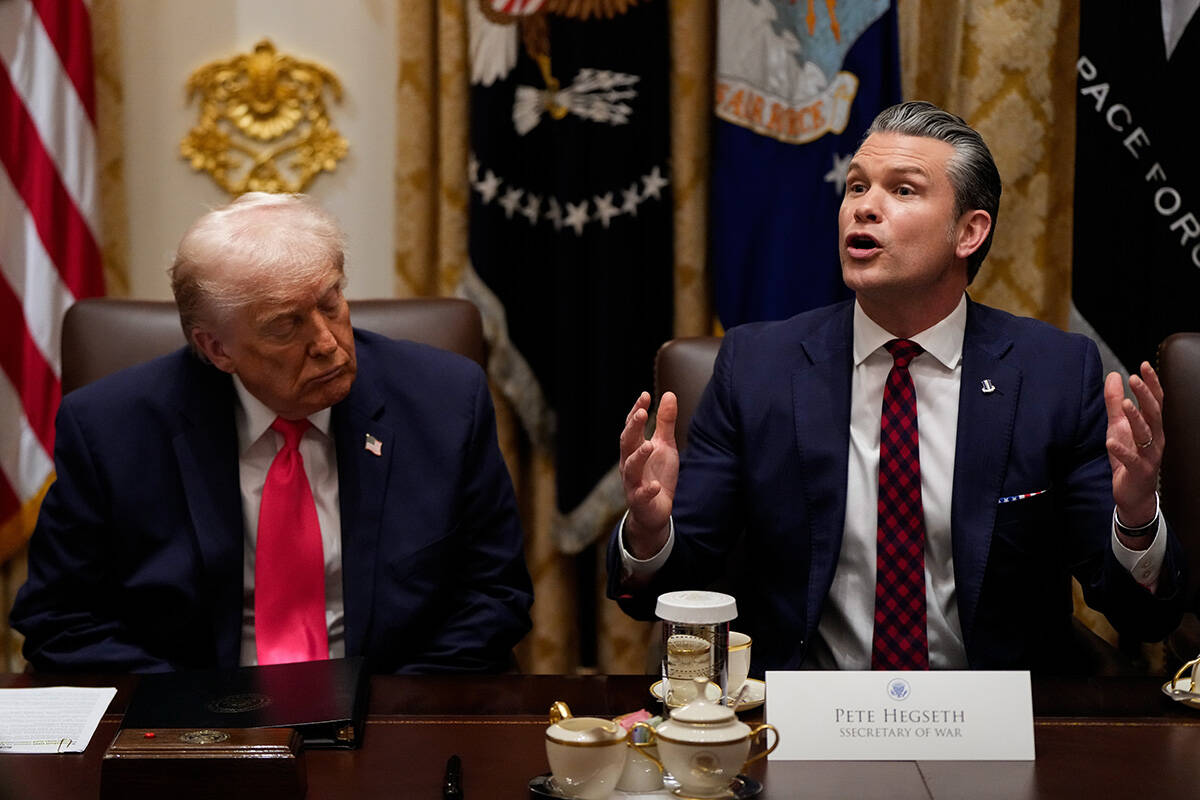 President Donald Trump closes his eyes as Defense Secretary Pete Hegseth speaks during a Cabine ...