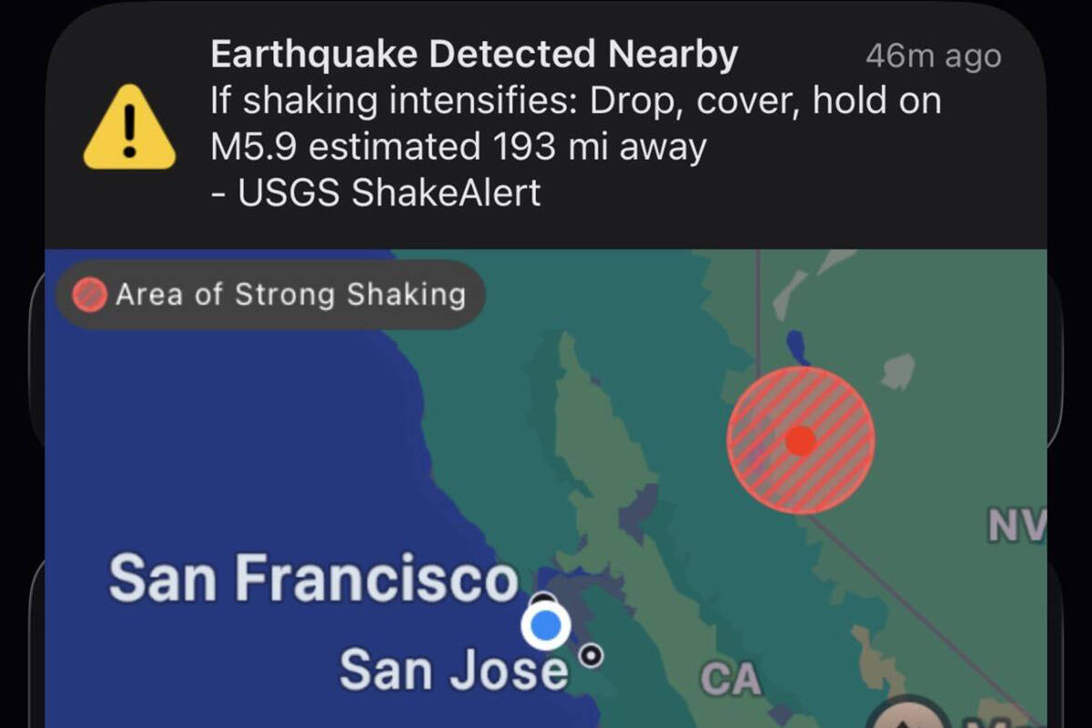 A phone in the San Francisco Bay Area received a false alarm about a magnitude 5.9 earthquake w ...