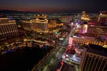FILE - Cars drive along the Las Vegas Strip, Aug. 2, 2025, in Las Vegas. (AP Photo/John Locher, ...