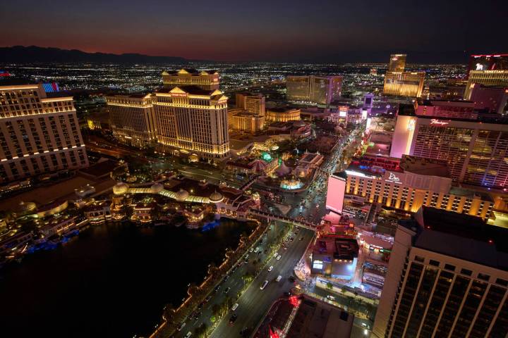 FILE - Cars drive along the Las Vegas Strip, Aug. 2, 2025, in Las Vegas. (AP Photo/John Locher, ...