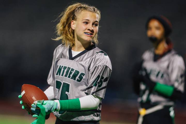 Palo Verde wide receiver Savannah Lunkwitz celebrates a touchdown during a high school flag foo ...