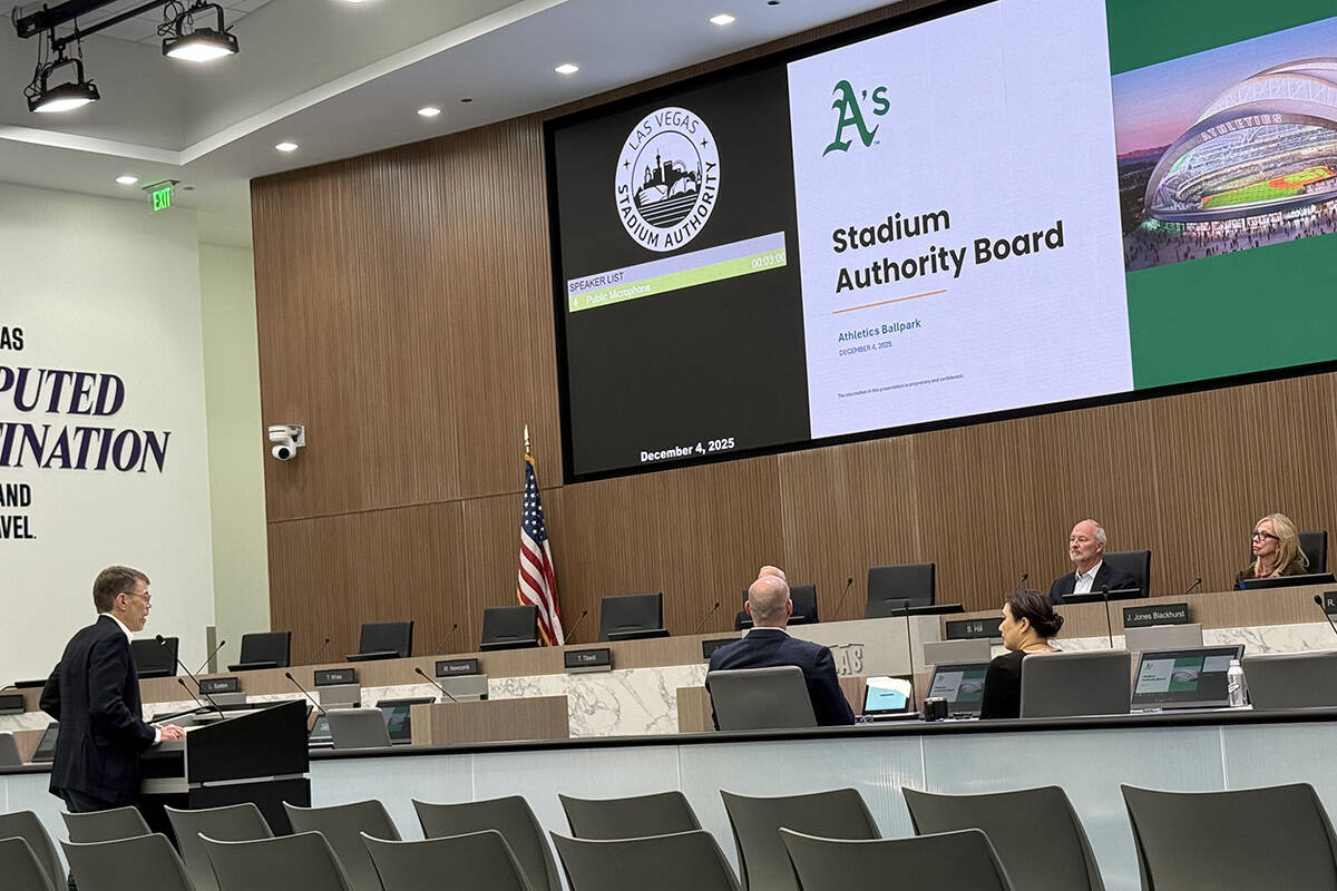 Athletics vice chairman Sandy Dean addresses the Las Vegas Stadium Authority on Thursday, Dec. ...