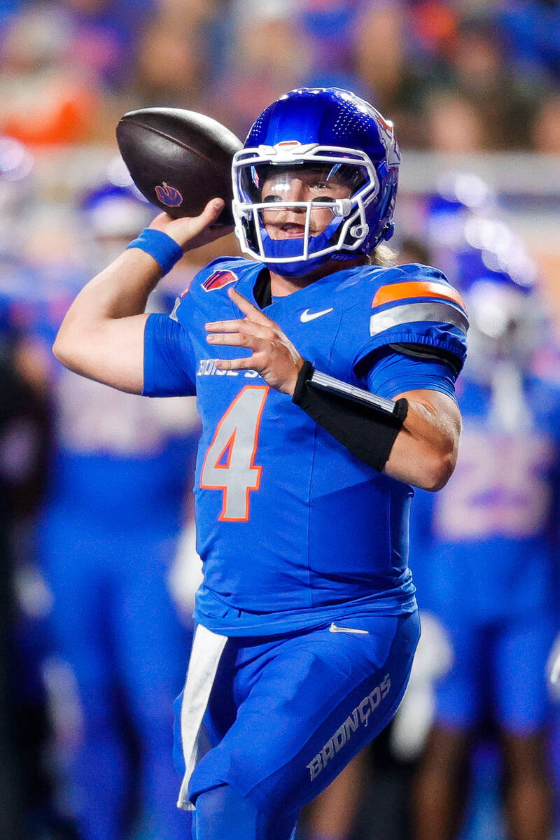 Boise State quarterback Maddux Madsen (4) looks to throw the ball against New Mexico in the fir ...