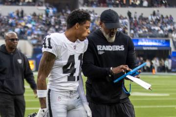 Raiders cornerback Greedy Vance (41) gets instruction from defensive backs coach Marcus Roberts ...
