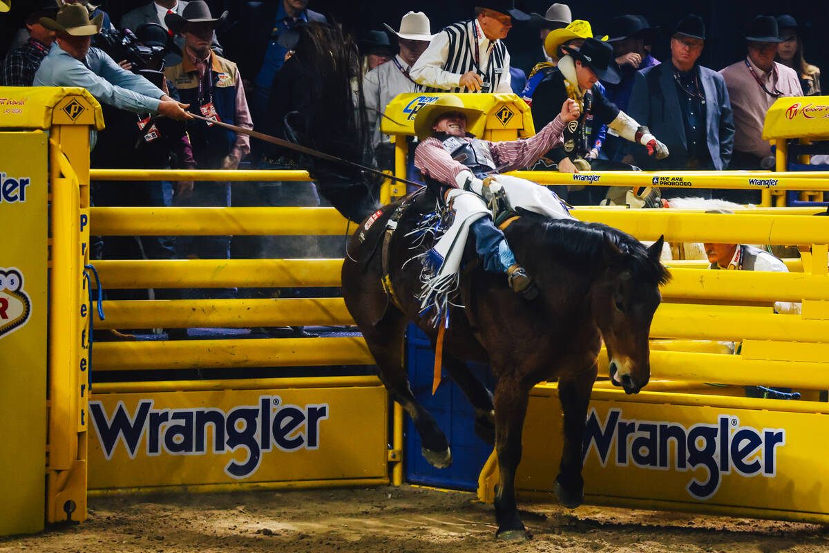 Jacek Frost takes on Big Dance in the bareback riding portion of day three of the National Fina ...