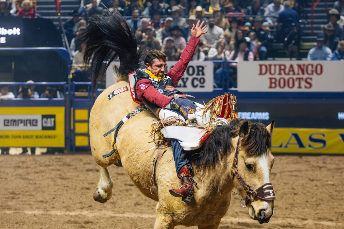 Garrett Shadbolt rides Juice Box during the bareback riding portion of day three of the Nationa ...