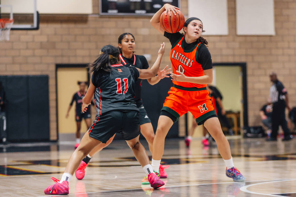 Mojave’s Isabella Crawford keeps the ball in her grip during a basketball game between M ...
