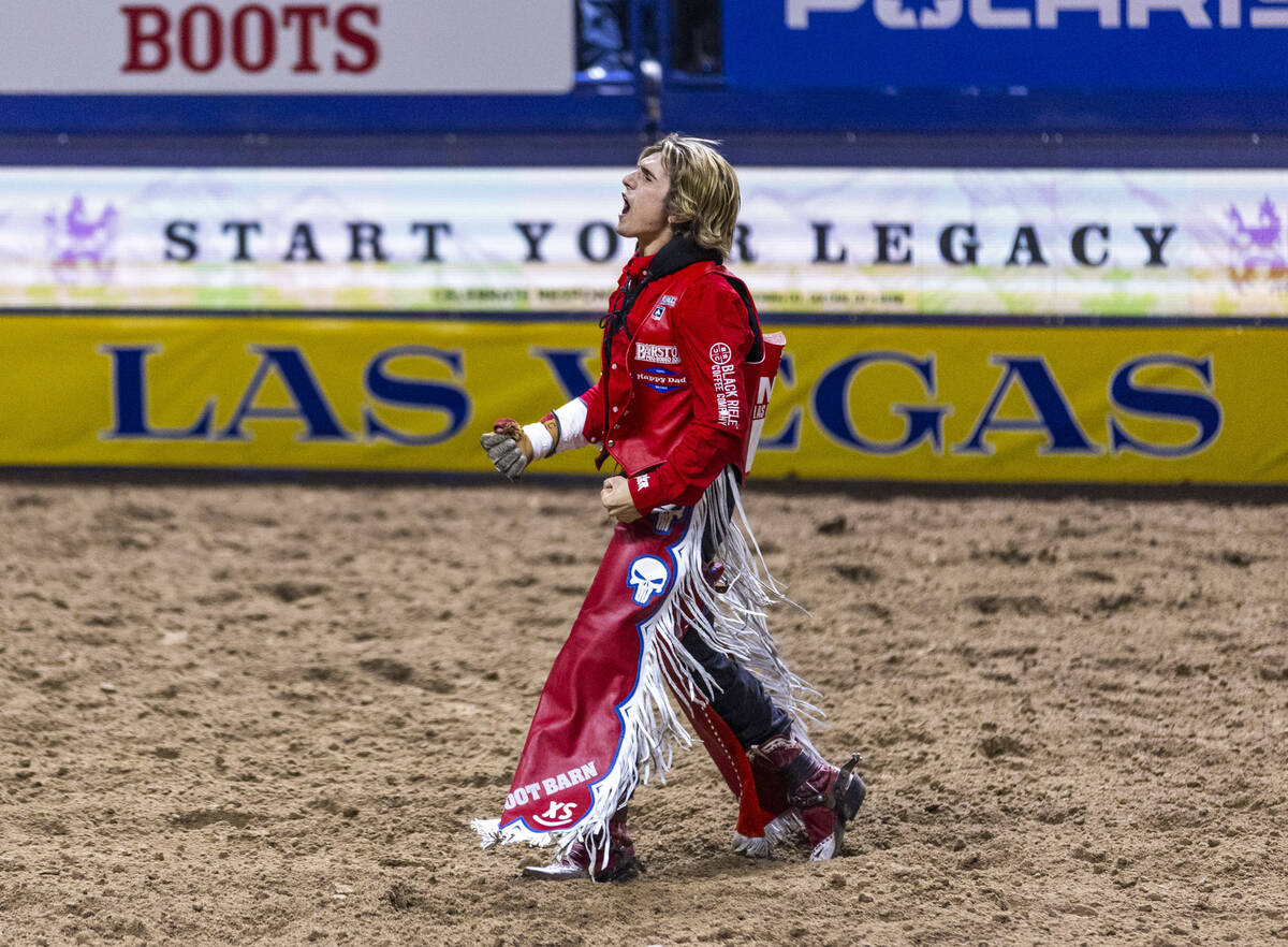 Rocker Steiner celebrates riding Silver Beaver for the win in Bareback Riding during Day 2 of N ...