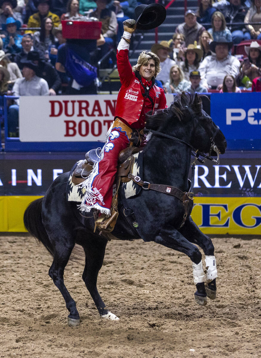 Rocker Steiner celebrates riding Silver Beaver for the win in Bareback Riding during Day 2 of N ...
