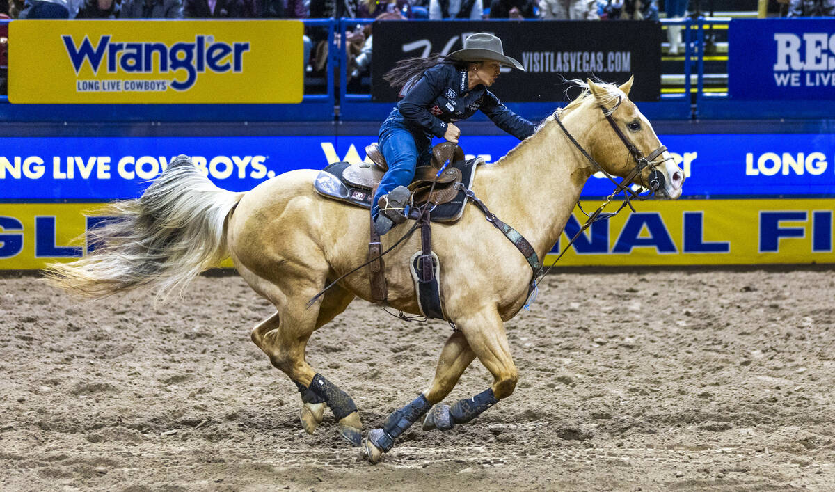 Hailey Kinsel sprints to final barrel on her way to a win in Barrel Racing during Day 2 of Nati ...
