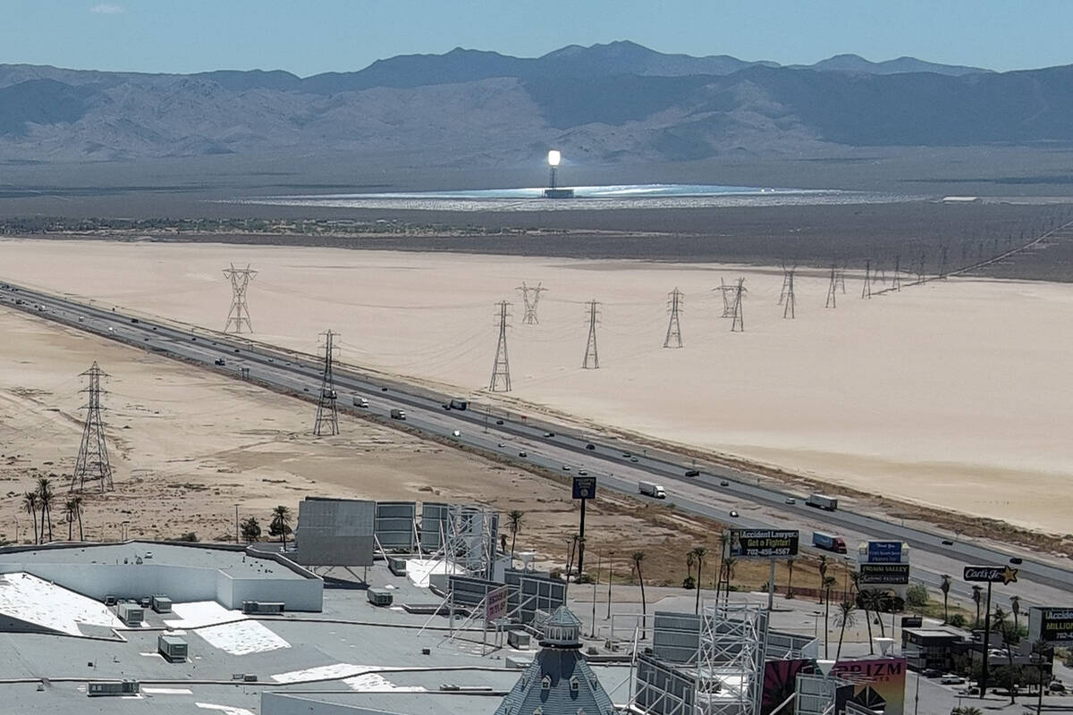 Interstate 15 passes the Primm Mall June 2, 2025, in Primm. One of the Ivanpah Solar Electric G ...