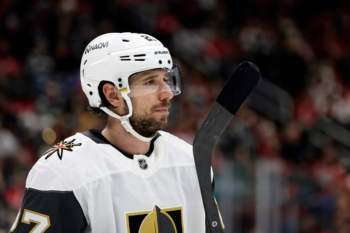 Vegas Golden Knights defenseman Shea Theodore (27) reacts during the second period of an NHL ho ...